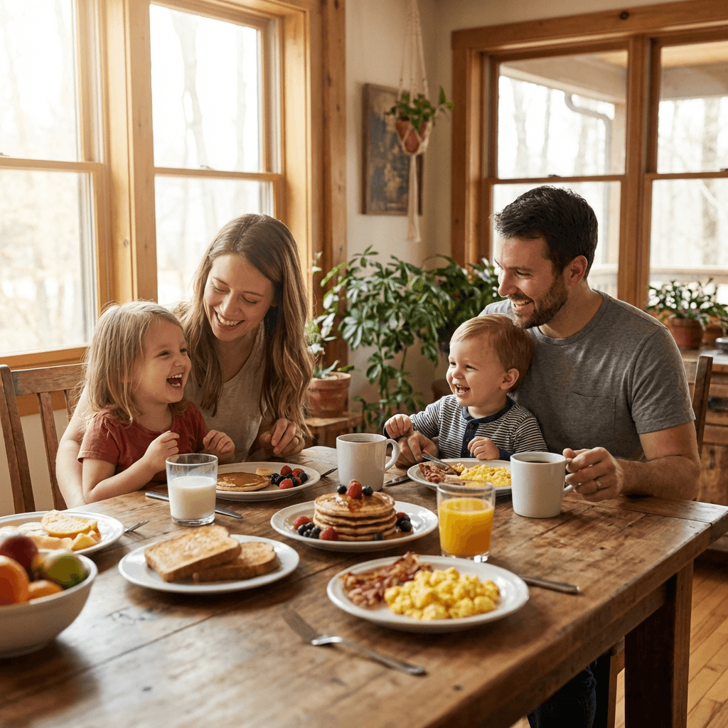 Family enjoying a healthy breakfast together with kids